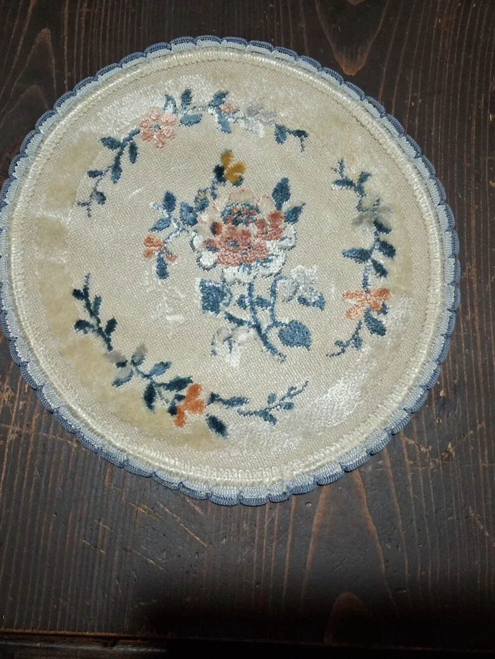 Bose Beige Round Floral Embroidered Placemat with Blue and Peach Accents